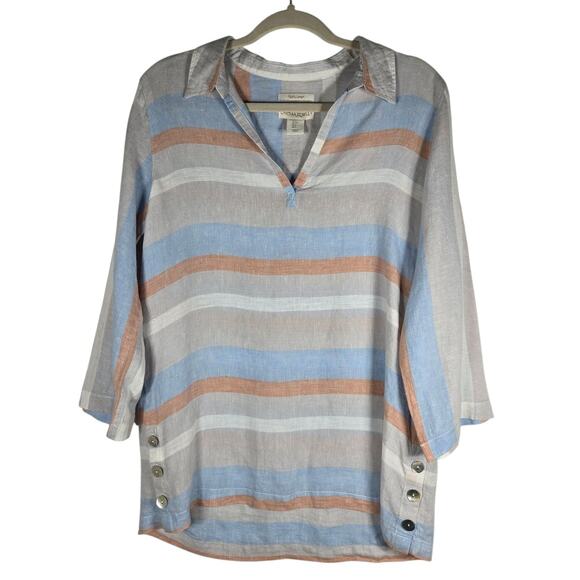 Cynthia Rowley Shirt Womens Small Blue Gray Striped Linen Tunic Side Buttons - Picture 1 of 8